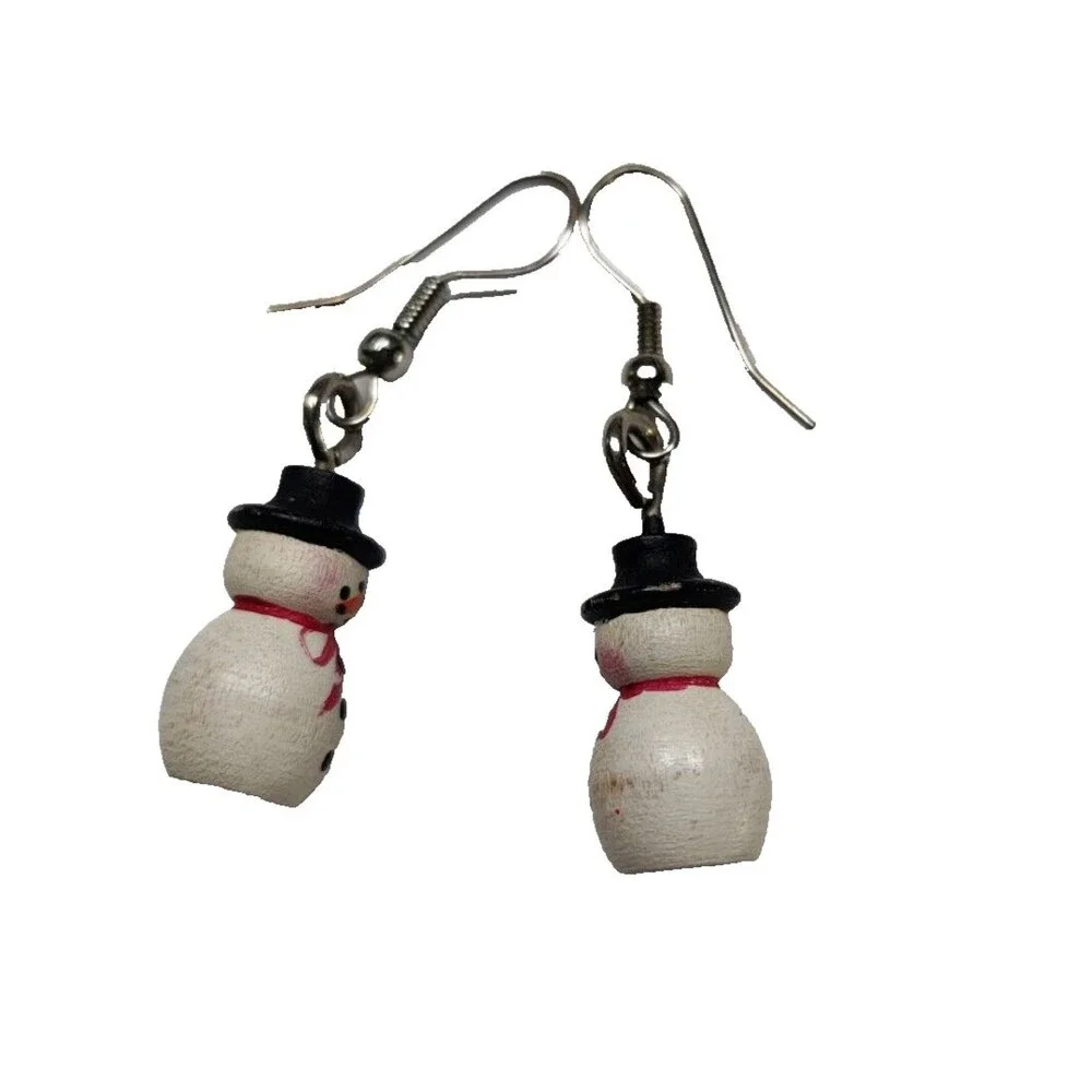 Vintage Wood Snowman Hoop Earrings Christmas Holiday